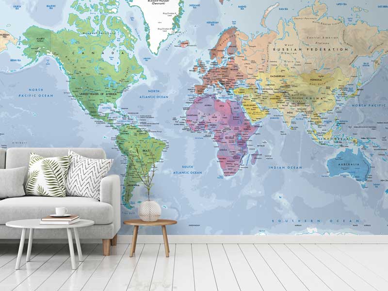 Political & Physical World Map Wallpaper Mural