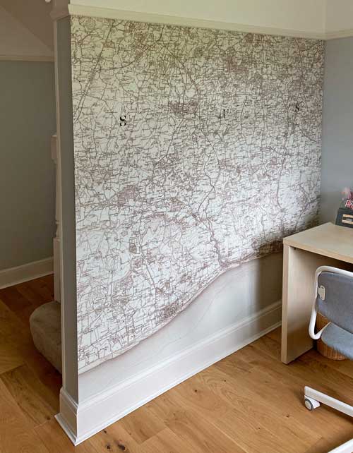 historic one inch map wallpaper in hallway